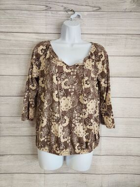 St Johns Bay M Brown Floral Top Boho Cottagecore Soft Stretch Blouse